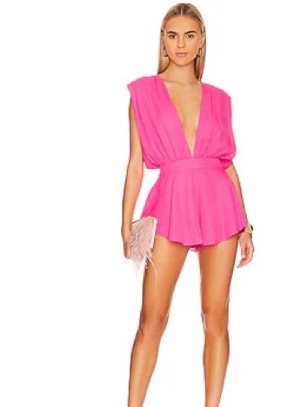 Deep V-Neck Hot Pink Romper with Defined Waist